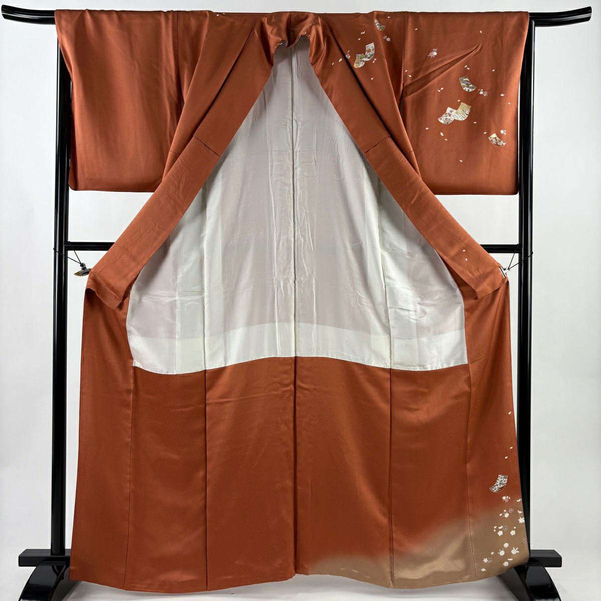 訪問服 身長163.5cm 袖長67.5cm L 雙層 誰が袖 草花紋紋 金絲 金銀彩 紅茶 純蠶絲 秀品級