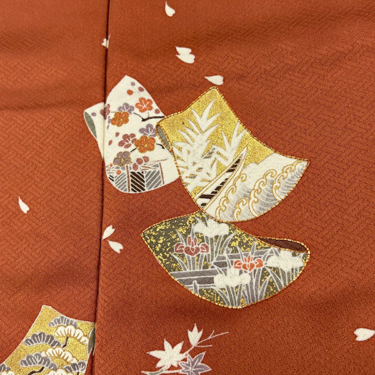 訪問服 身長163.5cm 袖長67.5cm L 雙層 誰が袖 草花紋紋 金絲 金銀彩 紅茶 純蠶絲 秀品級