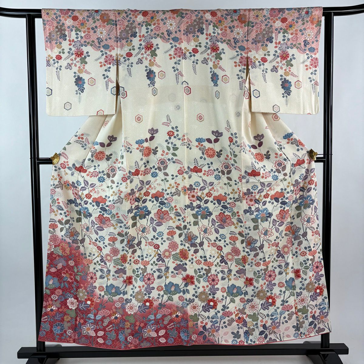 【美品】訪問服 身長155cm 袖長61.5cm S 雙層 草花紋紋 青海波 金銀彩 漸層 奶油色 純蠶絲 優品級