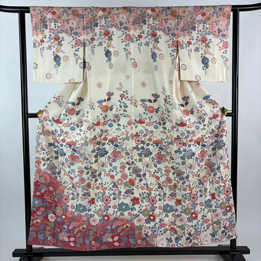 【美品】訪問服 身長155cm 袖長61.5cm S 雙層 草花紋紋 青海波 金銀彩 漸層 奶油色 純蠶絲 優品級