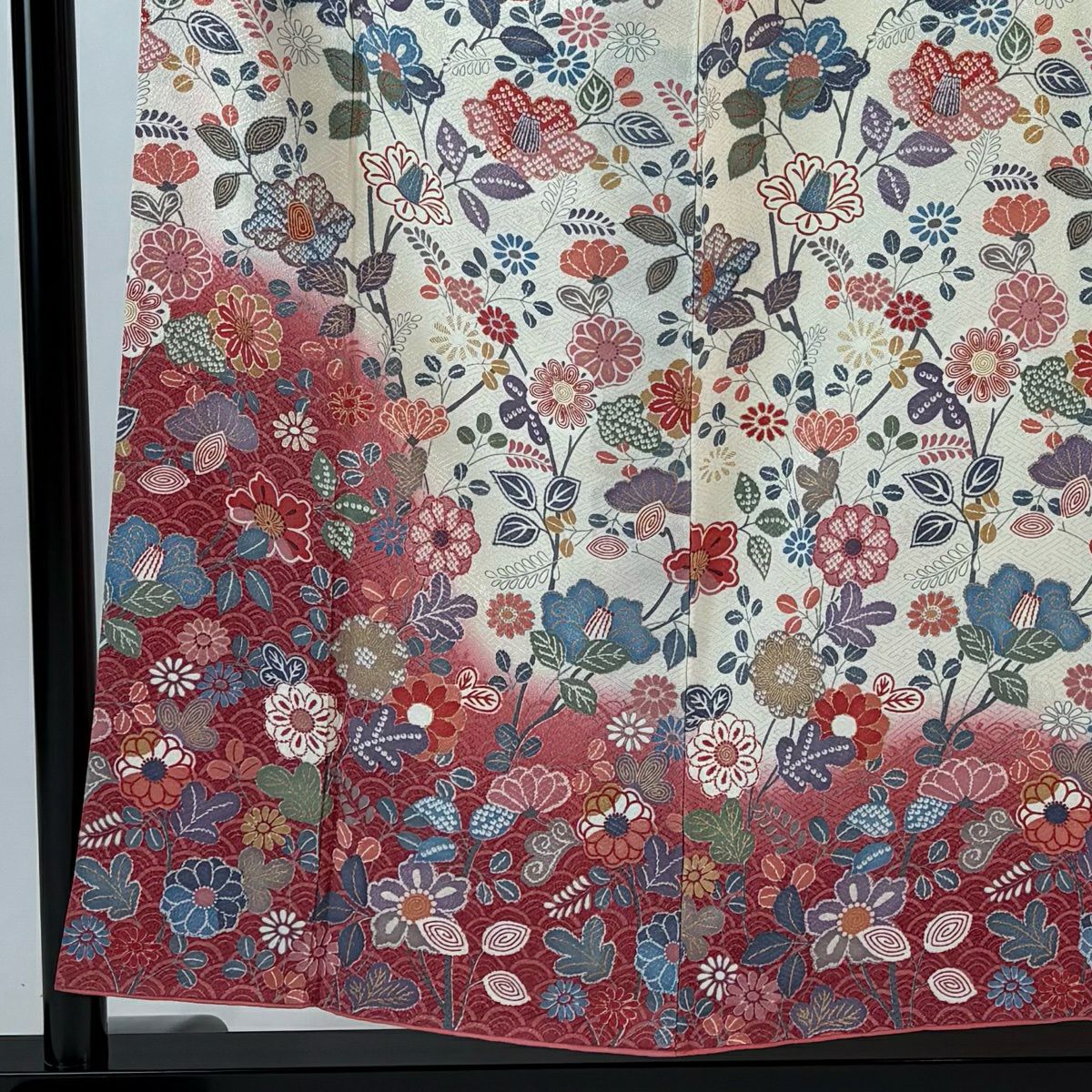 【美品】訪問服 身長155cm 袖長61.5cm S 雙層 草花紋紋 青海波 金銀彩 漸層 奶油色 純蠶絲 優品級