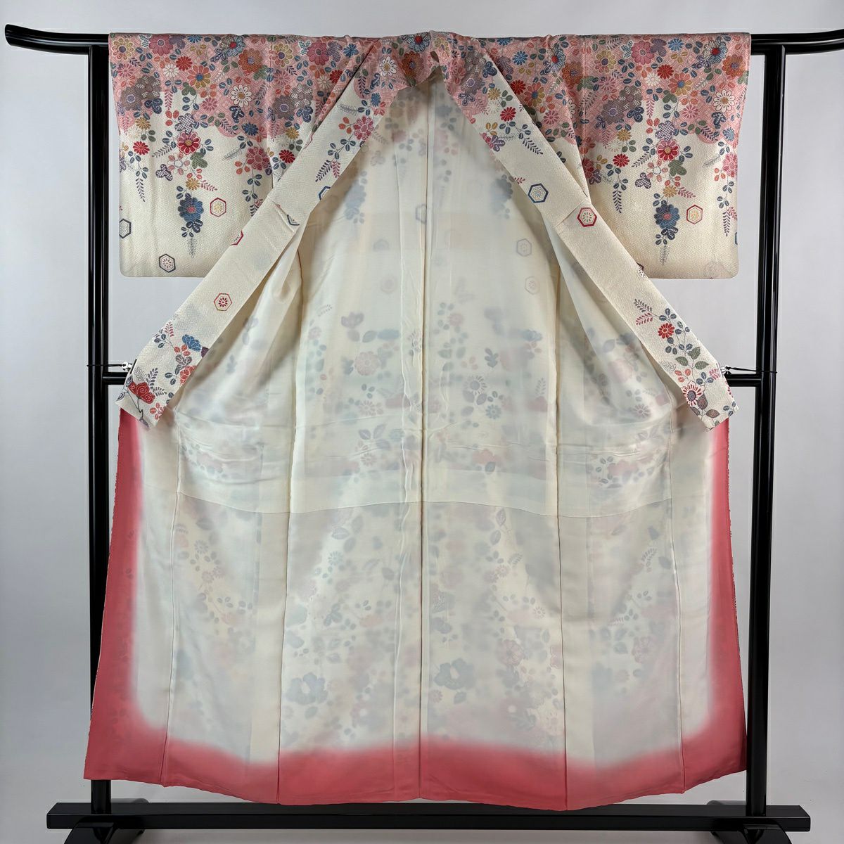【美品】訪問服 身長155cm 袖長61.5cm S 雙層 草花紋紋 青海波 金銀彩 漸層 奶油色 純蠶絲 優品級