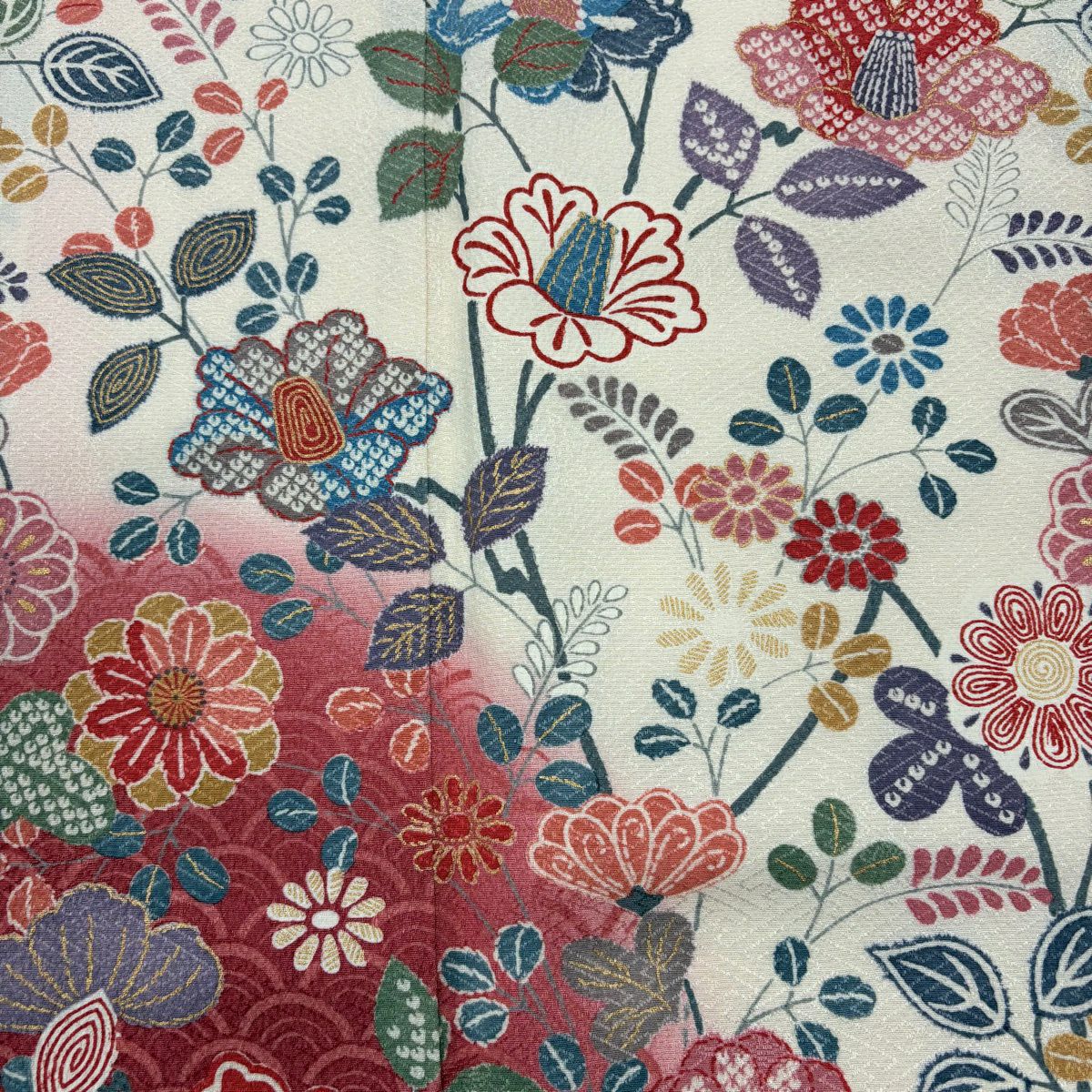 【美品】訪問服 身長155cm 袖長61.5cm S 雙層 草花紋紋 青海波 金銀彩 漸層 奶油色 純蠶絲 優品級