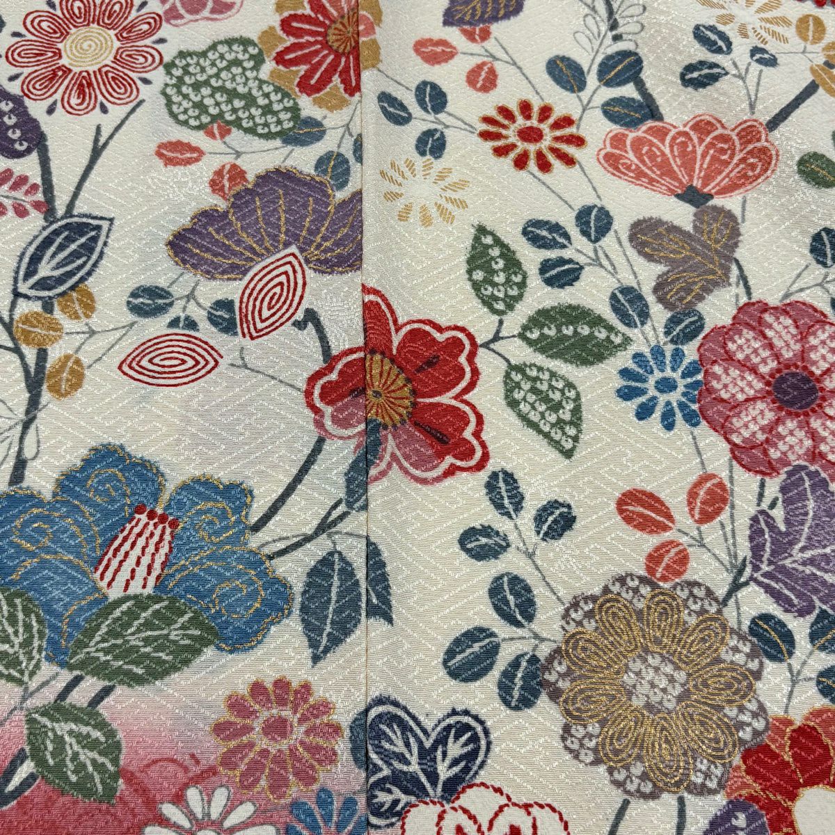 【美品】訪問服 身長155cm 袖長61.5cm S 雙層 草花紋紋 青海波 金銀彩 漸層 奶油色 純蠶絲 優品級