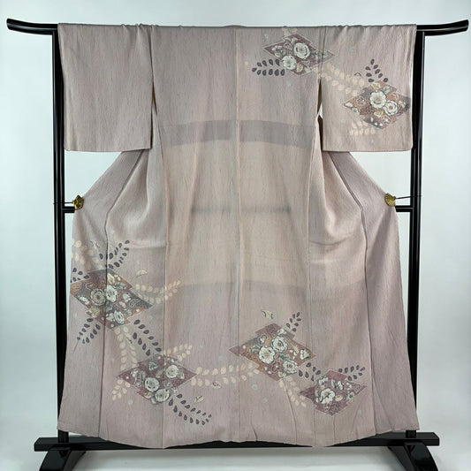 訪問服 身長157cm 袖長66cm M 雙層 辻花染 松樹川菱 絞染 淺粉色 純蠶絲 優品級