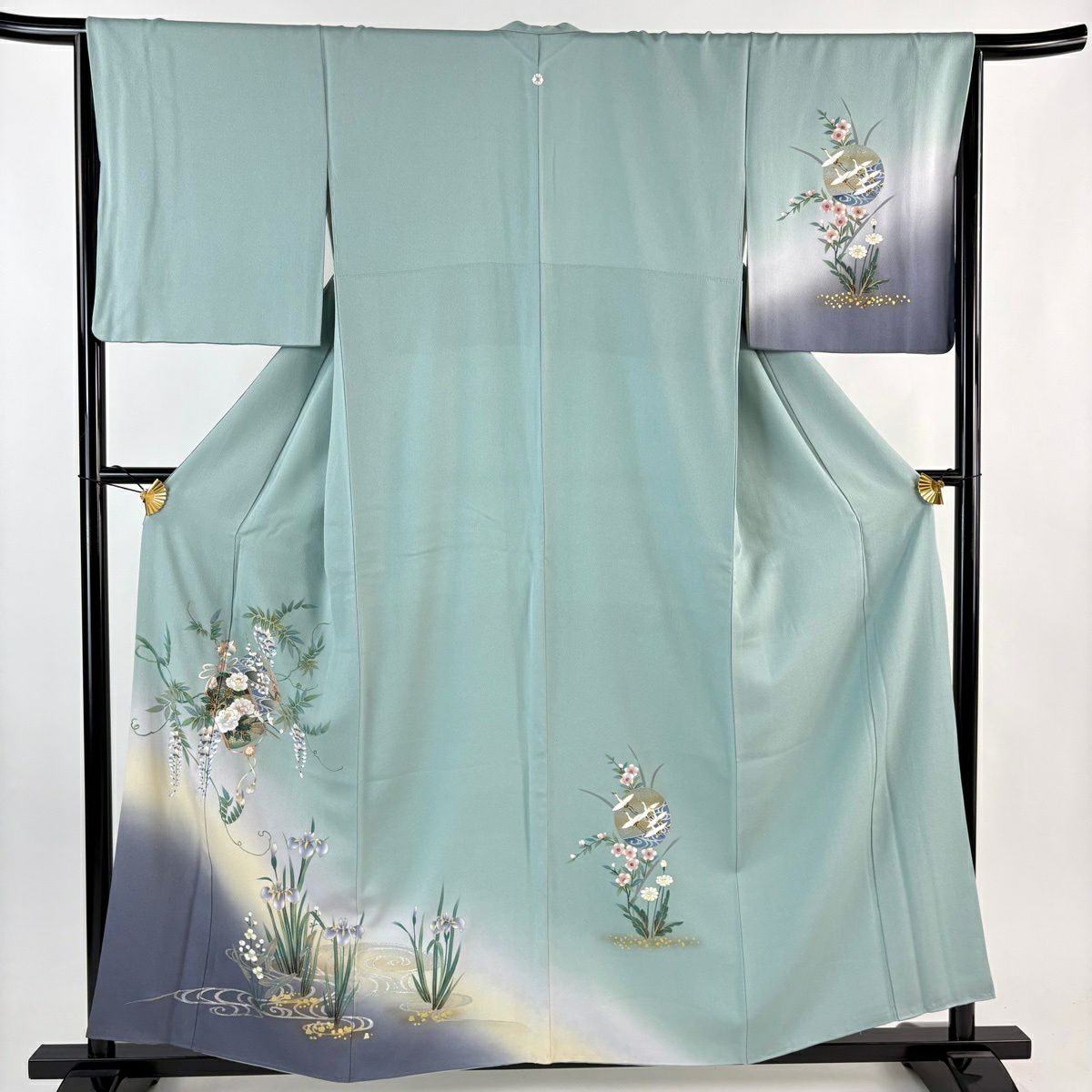 訪問服 身長159cm 袖長65.5cm M 雙層 印籠 草花紋紋 金彩裝飾 漸層 淺綠 純蠶絲 優品級 一個紋