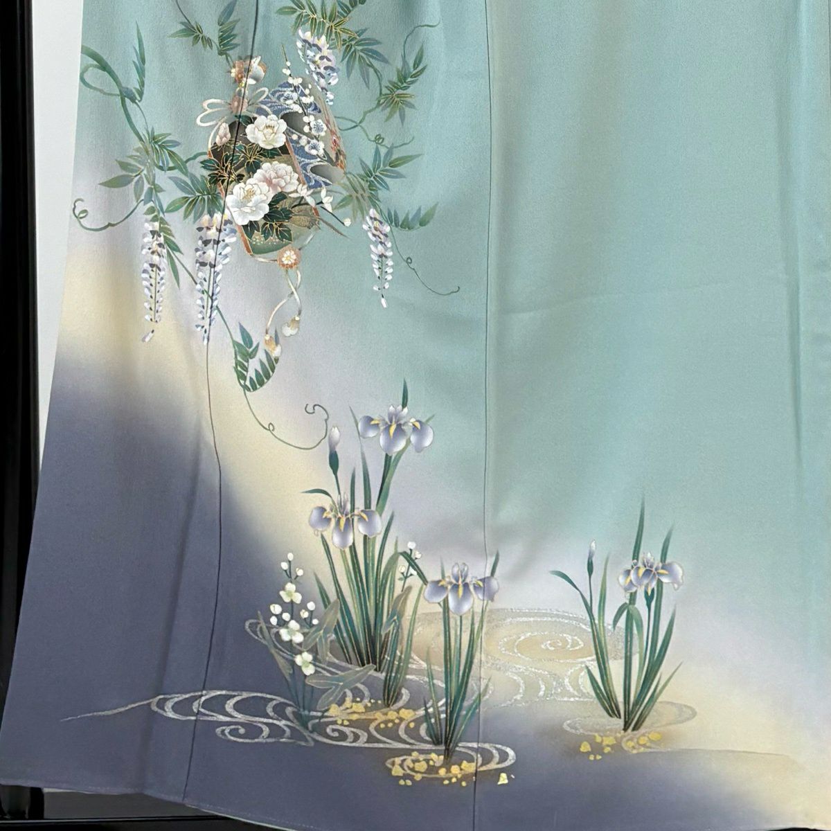 訪問服 身長159cm 袖長65.5cm M 雙層 印籠 草花紋紋 金彩裝飾 漸層 淺綠 純蠶絲 優品級 一個紋