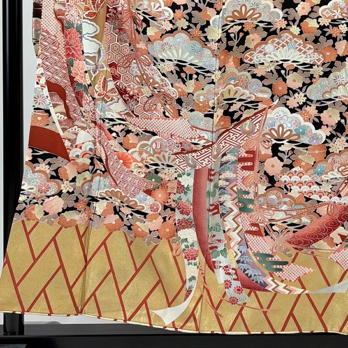 振袖禮服 身長155cm 袖長64cm M 雙層 幾帳 笠松樹 金銀彩 紅 純蠶絲 秀品級