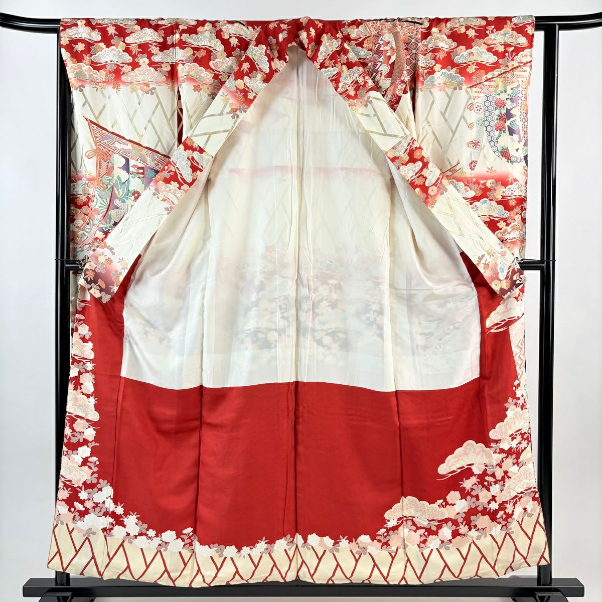 振袖禮服 身長155cm 袖長64cm M 雙層 幾帳 笠松樹 金銀彩 紅 純蠶絲 秀品級