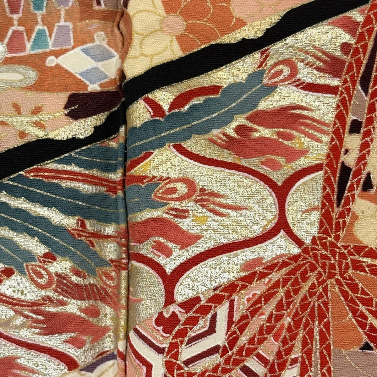 振袖禮服 身長155cm 袖長64cm M 雙層 幾帳 笠松樹 金銀彩 紅 純蠶絲 秀品級