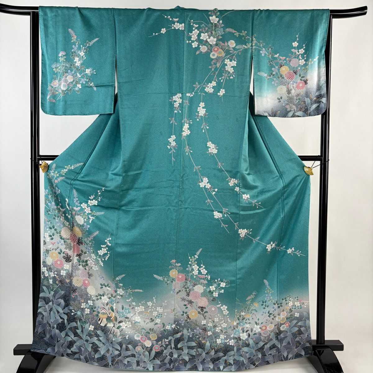 訪問服 身長167cm 袖長66.5cm M 雙層 菊花 枝梅花 金彩裝飾 漸層 青綠 純蠶絲 優品級