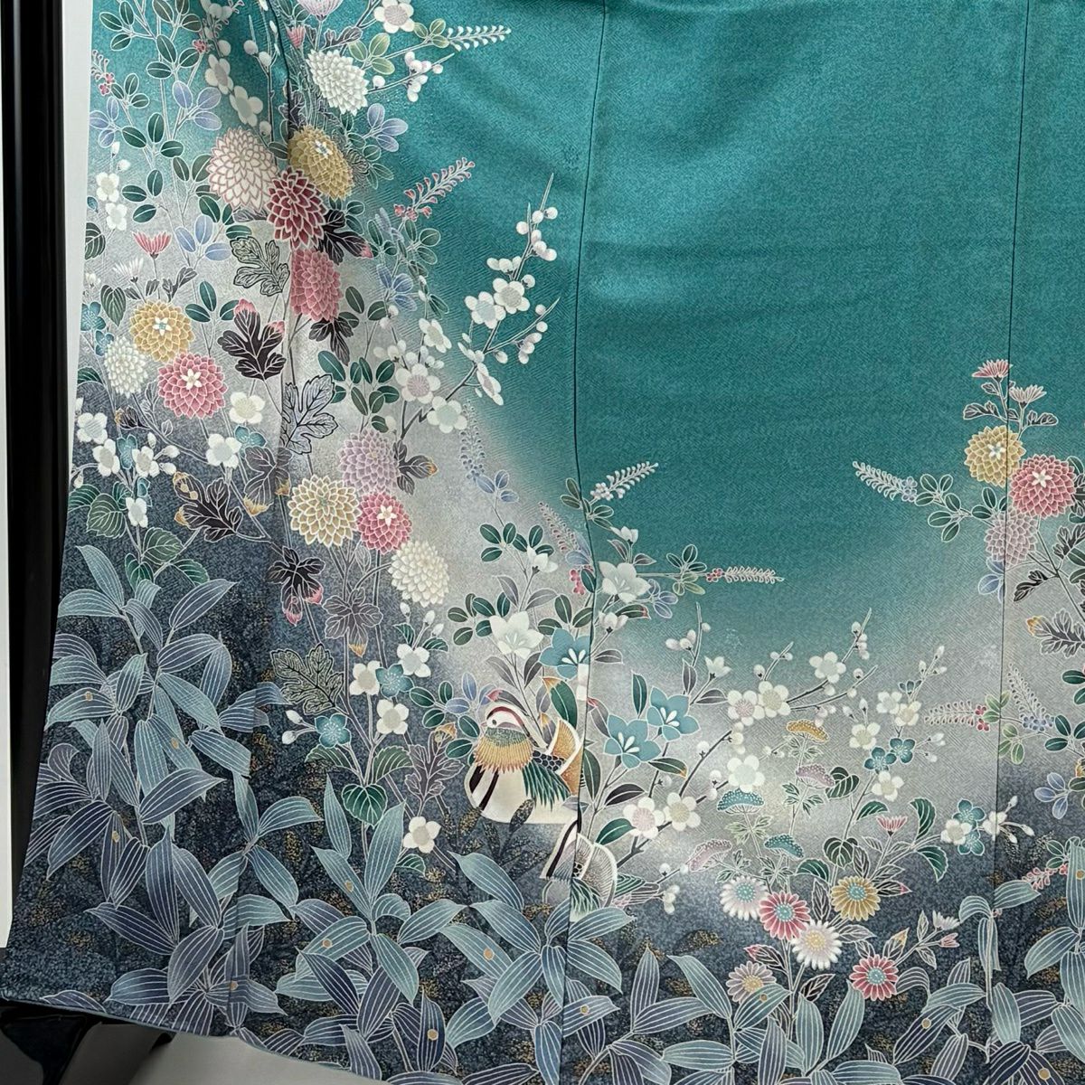 訪問服 身長167cm 袖長66.5cm M 雙層 菊花 枝梅花 金彩裝飾 漸層 青綠 純蠶絲 優品級