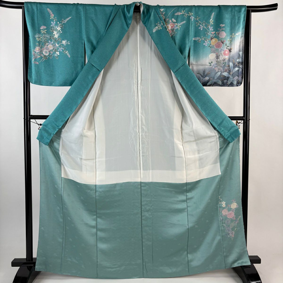訪問服 身長167cm 袖長66.5cm M 雙層 菊花 枝梅花 金彩裝飾 漸層 青綠 純蠶絲 優品級