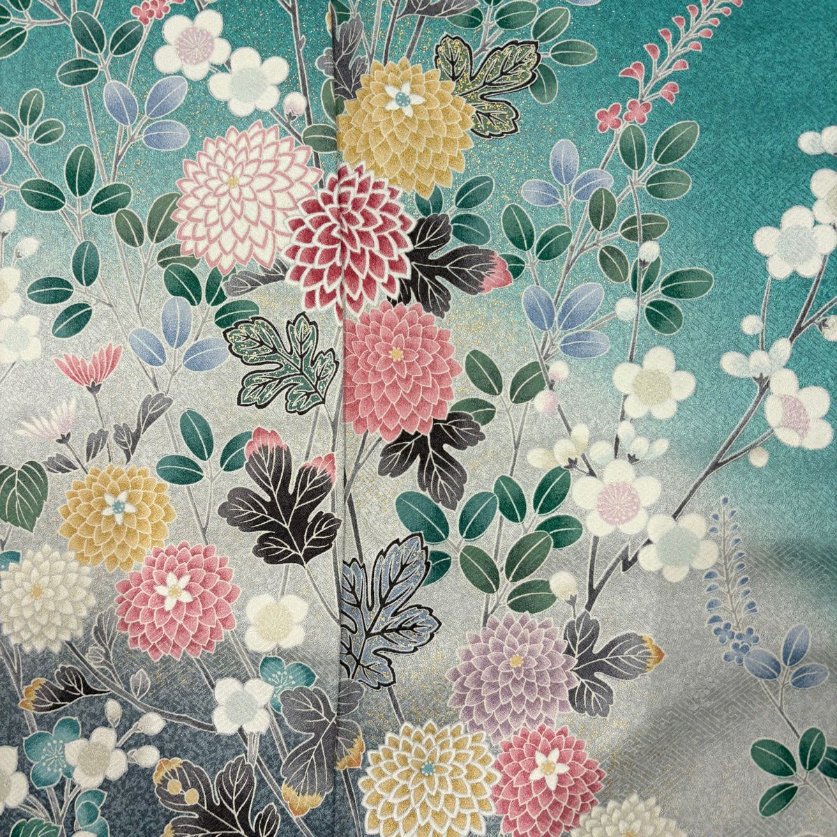 訪問服 身長167cm 袖長66.5cm M 雙層 菊花 枝梅花 金彩裝飾 漸層 青綠 純蠶絲 優品級