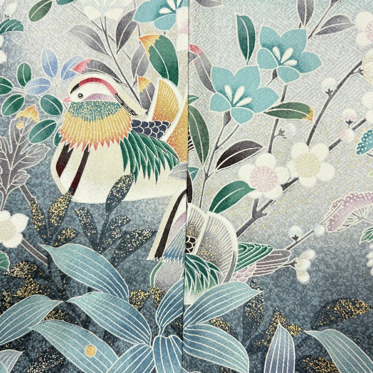 訪問服 身長167cm 袖長66.5cm M 雙層 菊花 枝梅花 金彩裝飾 漸層 青綠 純蠶絲 優品級