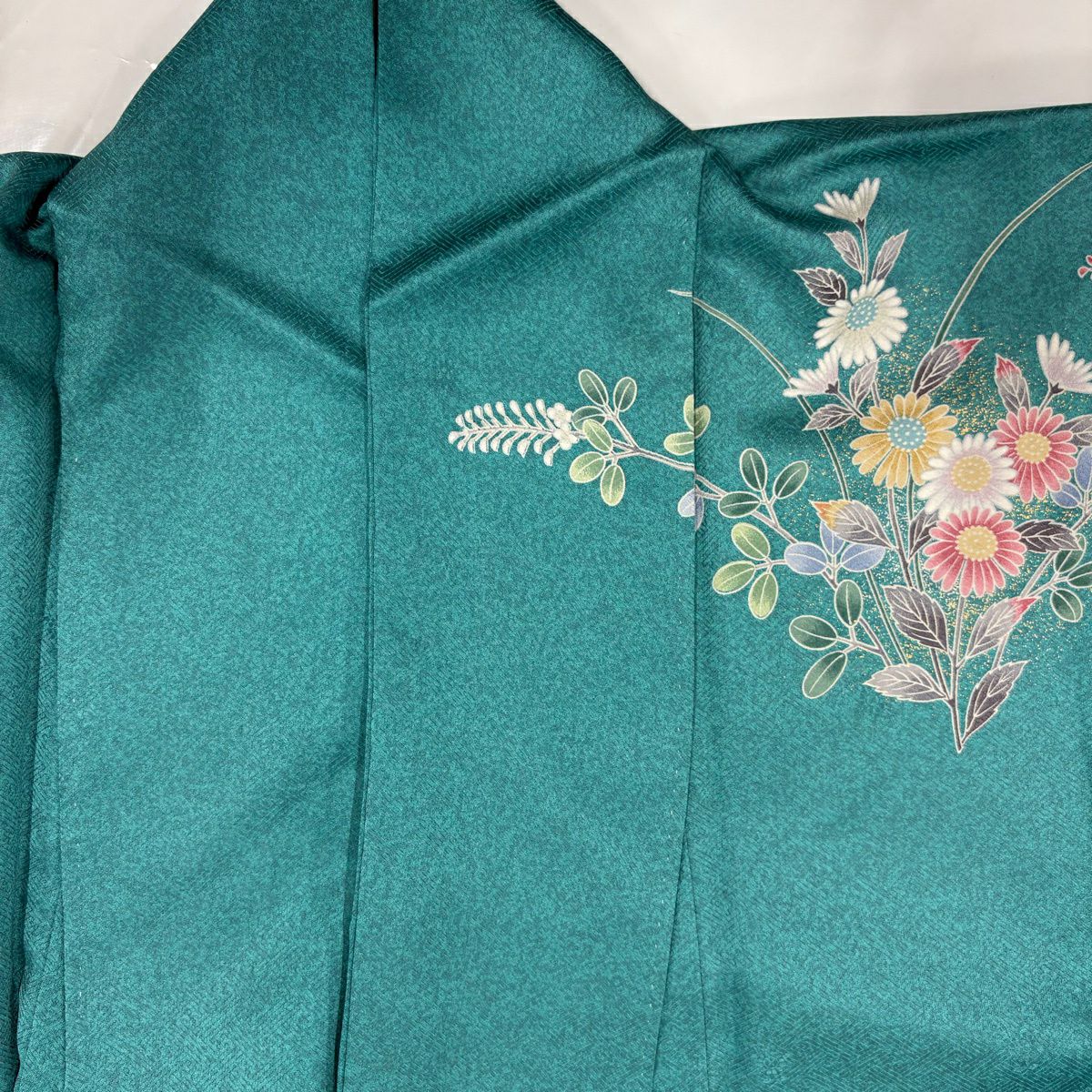 訪問服 身長167cm 袖長66.5cm M 雙層 菊花 枝梅花 金彩裝飾 漸層 青綠 純蠶絲 優品級