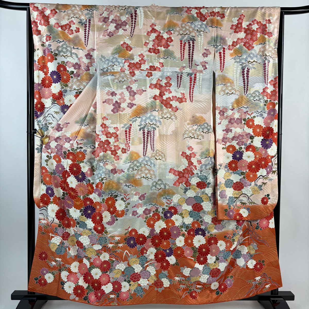振袖禮服 身長160cm 袖長67cm M 雙層 菊花 松樹竹子梅花 金絲 金銀彩 淺粉色 純蠶絲 優品級