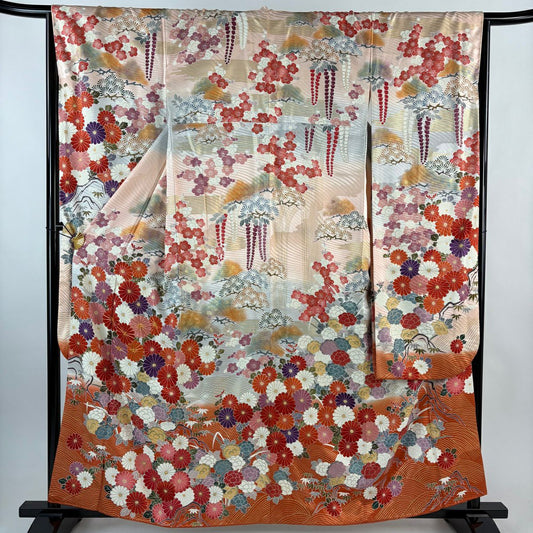 振袖禮服 身長160cm 袖長67cm M 雙層 菊花 松樹竹子梅花 金絲 金銀彩 淺粉色 純蠶絲 優品級