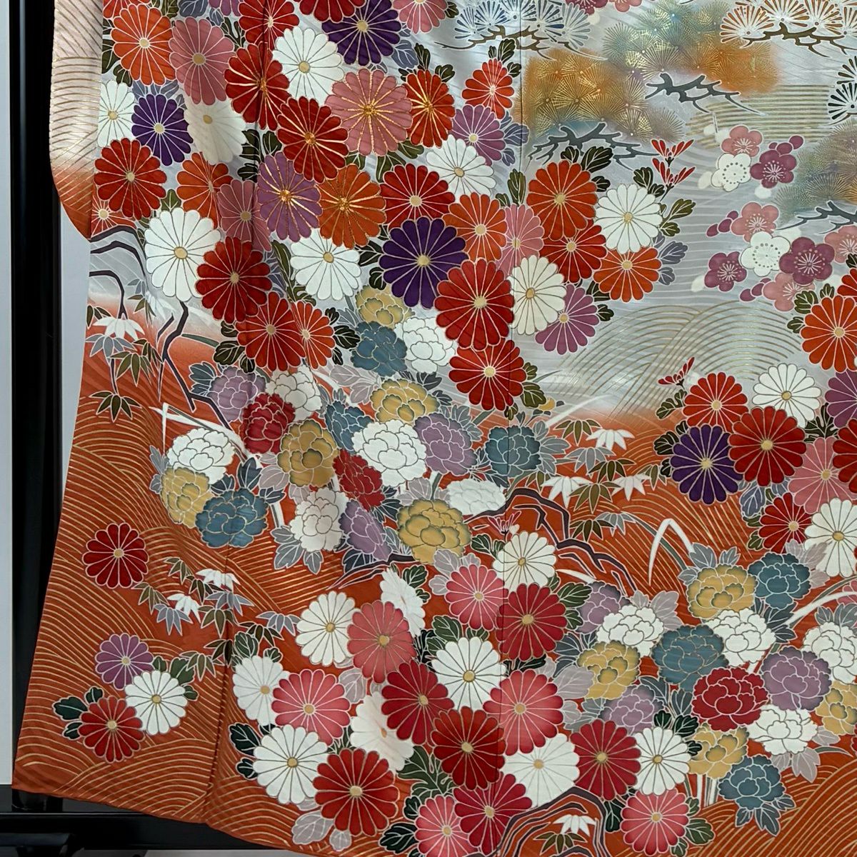 振袖禮服 身長160cm 袖長67cm M 雙層 菊花 松樹竹子梅花 金絲 金銀彩 淺粉色 純蠶絲 優品級