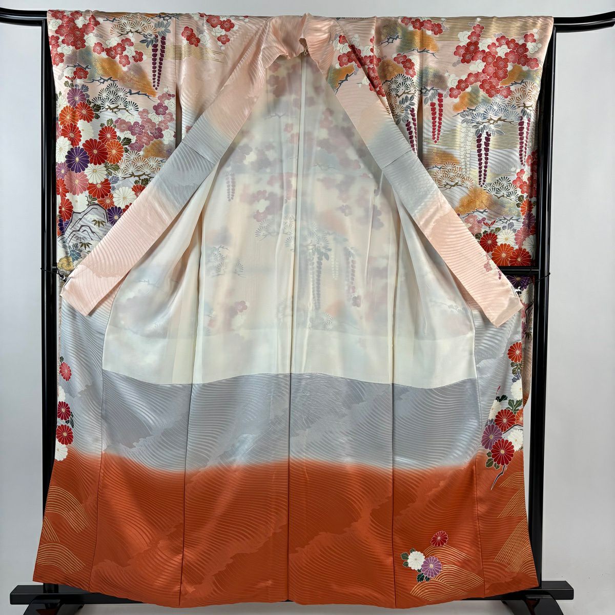 振袖禮服 身長160cm 袖長67cm M 雙層 菊花 松樹竹子梅花 金絲 金銀彩 淺粉色 純蠶絲 優品級