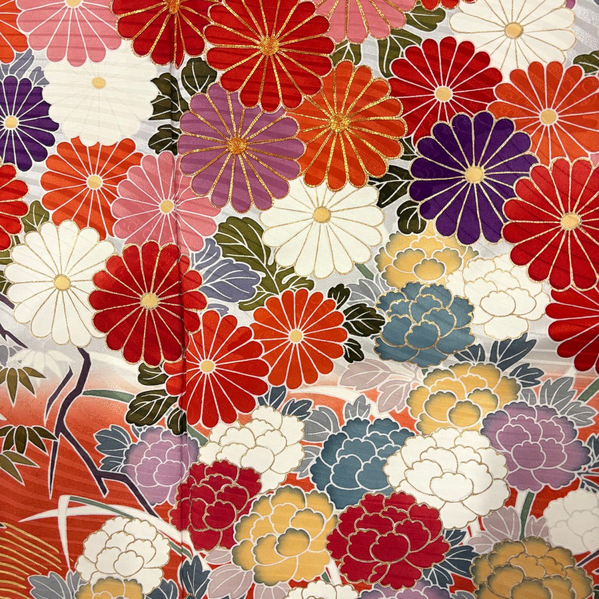 振袖禮服 身長160cm 袖長67cm M 雙層 菊花 松樹竹子梅花 金絲 金銀彩 淺粉色 純蠶絲 優品級