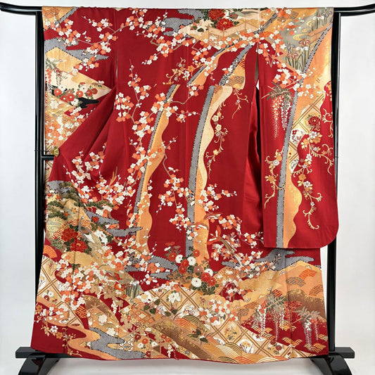 振袖禮服 身長160.5cm 袖長65cm M 雙層 松樹竹子梅花 孔雀 金彩裝飾 紅 純蠶絲 秀品級