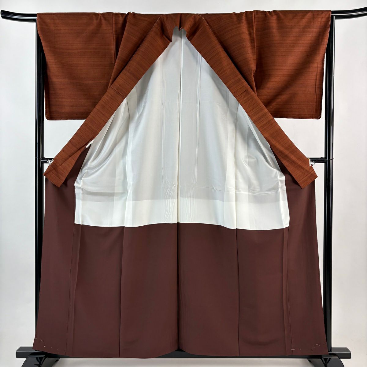 【美品】 紬織 身長158.5cm 袖長67.5cm L 雙層 縞 茶 純蠶絲 秀品級