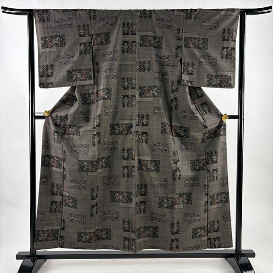 【美品】 大島紬織 身長157cm 袖長63.5cm S 雙層 純泥染 證書附帶 器物 狩獵紋 焦茶 正蠶絲 優品級