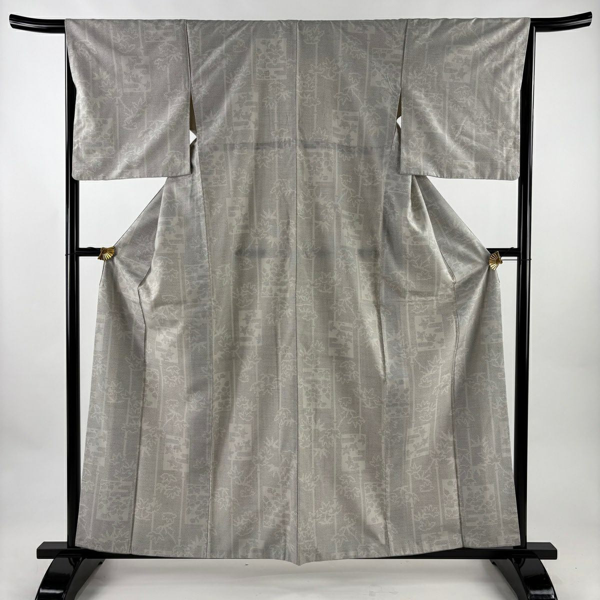 【美品】 紬織 身長160cm 袖長66.5cm M 雙層 竹子 龜甲絣 灰 純蠶絲 秀品級