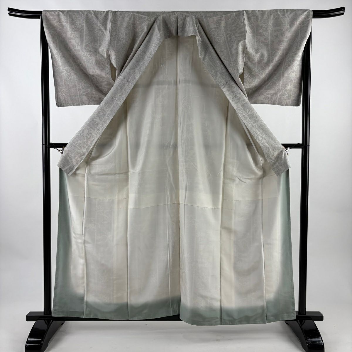 【美品】 紬織 身長160cm 袖長66.5cm M 雙層 竹子 龜甲絣 灰 純蠶絲 秀品級