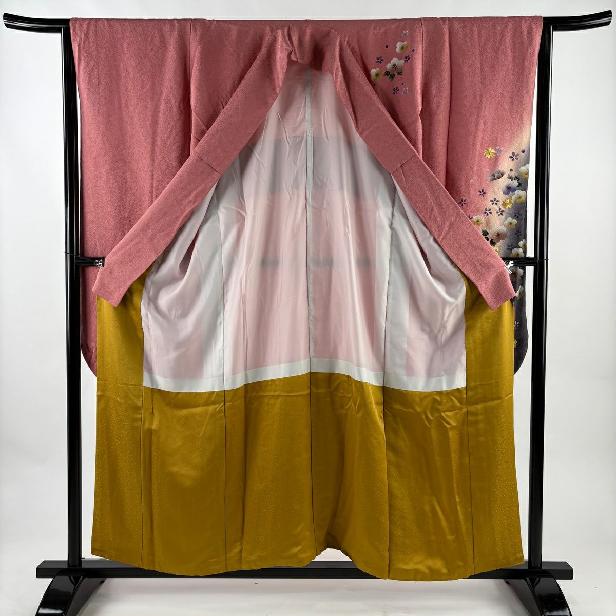 振袖禮服 身長156cm 袖長63cm S 雙層 櫻花 金絲 金銀彩 粉紅 純蠶絲 優品級