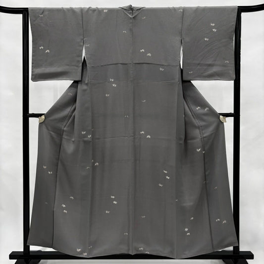小紋 身長155.5cm 袖長64cm M 雙層 花紋 灰綠 純蠶絲 秀品級
