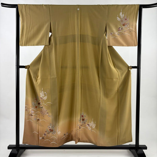 付下 身長155cm 袖長64cm M 雙層 草花紋紋 露芝 金銀彩 漸層 米色 純蠶絲 優品級 一個紋