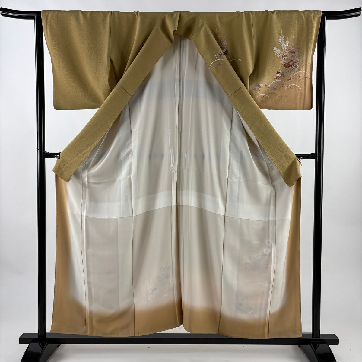 付下 身長155cm 袖長64cm M 雙層 草花紋紋 露芝 金銀彩 漸層 米色 純蠶絲 優品級 一個紋