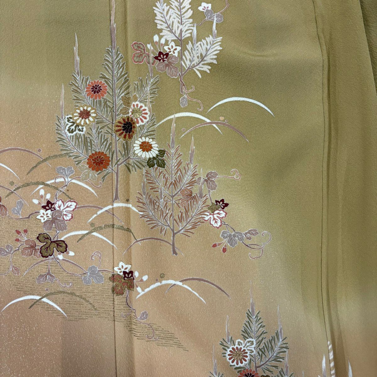 付下 身長155cm 袖長64cm M 雙層 草花紋紋 露芝 金銀彩 漸層 米色 純蠶絲 優品級 一個紋