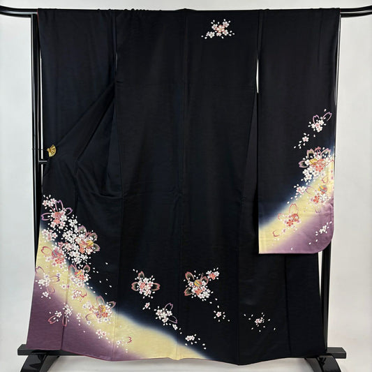 【美品】振袖禮服 身長158.5cm 袖長66.5cm M 雙層 鈴 櫻花 金絲 金銀彩 黑 純蠶絲 秀品級