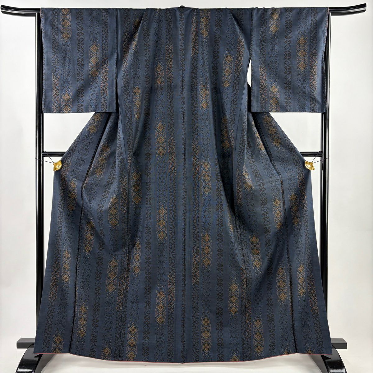 【美品】 紬織 身長165cm 袖長68cm L 雙層 花菱 縱條 深藍 純蠶絲 秀品級