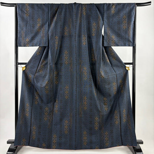 【美品】 紬織 身長165cm 袖長68cm L 雙層 花菱 縱條 深藍 純蠶絲 秀品級