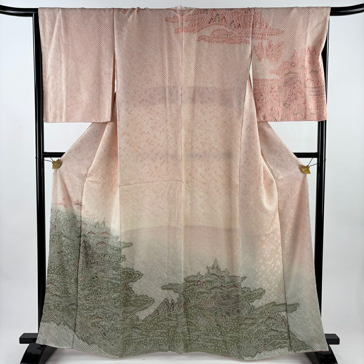 訪問服 身長163.5cm 袖長66cm M 雙層 家屋 松樹竹子梅花 絞染 分染 粉紅 純蠶絲 秀品級 一つ紋