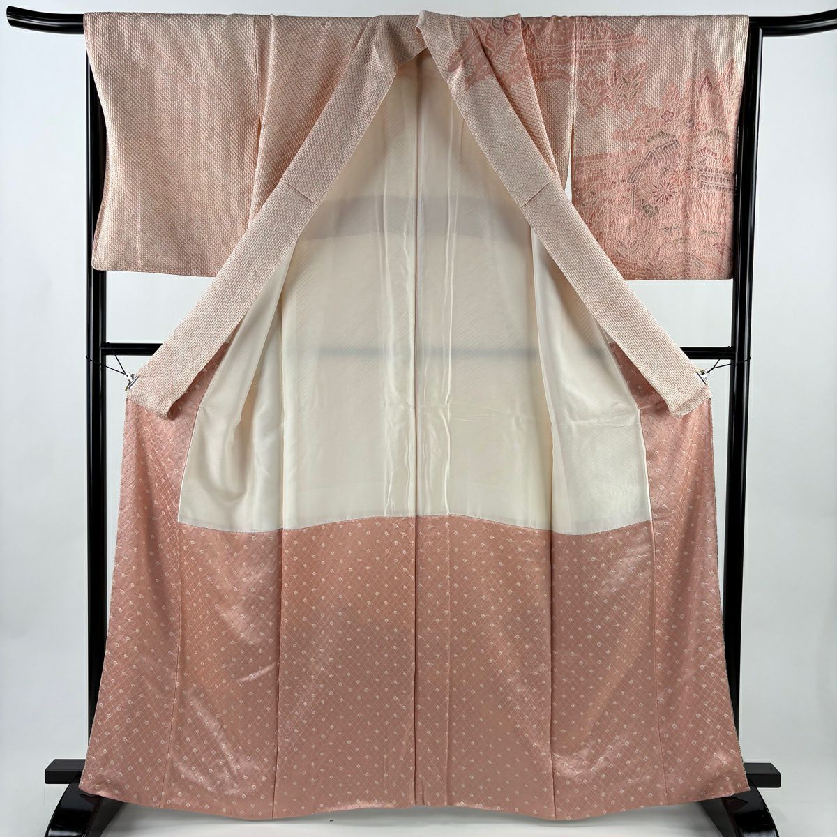 訪問服 身長163.5cm 袖長66cm M 雙層 家屋 松樹竹子梅花 絞染 分染 粉紅 純蠶絲 秀品級 一つ紋