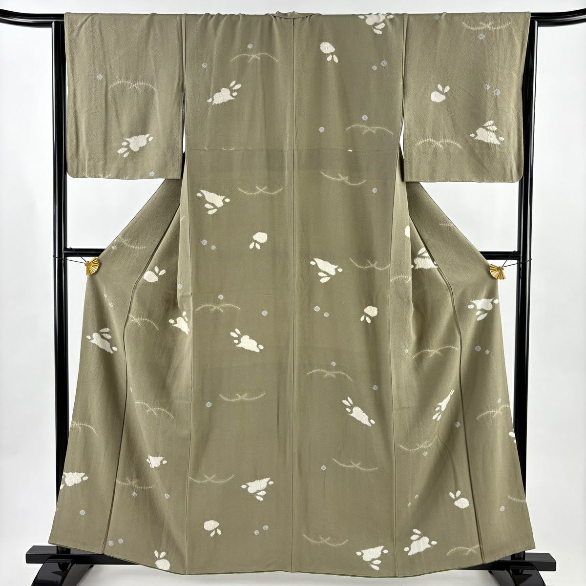 【美品】 小紋 身長159.5cm 袖長65.5cm M 雙層 兔子 露芝 絞染 灰綠 純蠶絲 優品級
