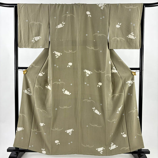 【美品】 小紋 身長159.5cm 袖長65.5cm M 雙層 兔子 露芝 絞染 灰綠 純蠶絲 優品級