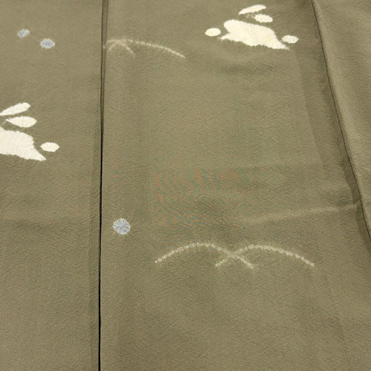 【美品】 小紋 身長159.5cm 袖長65.5cm M 雙層 兔子 露芝 絞染 灰綠 純蠶絲 優品級