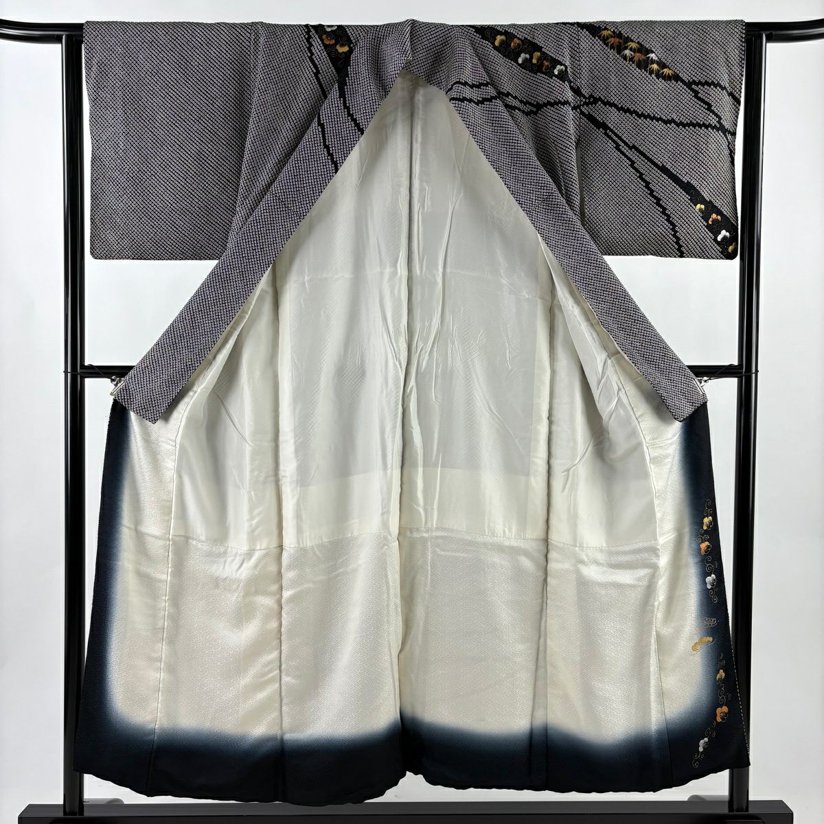 訪問服 身長152.5cm 袖長62cm S 雙層 鈴乃屋 松樹竹子梅花 絞染 金銀彩 黑 純蠶絲 秀品級