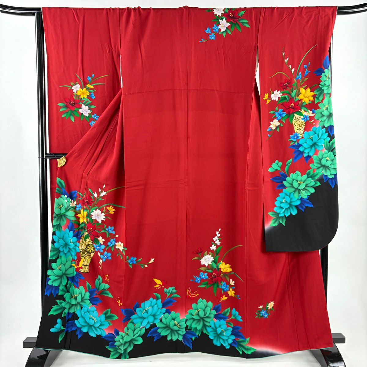 振袖禮服 身長162.5cm 袖長67cm M 雙層 花器 草花紋紋 金銀彩 拉麵 紅 純蠶絲 優品級