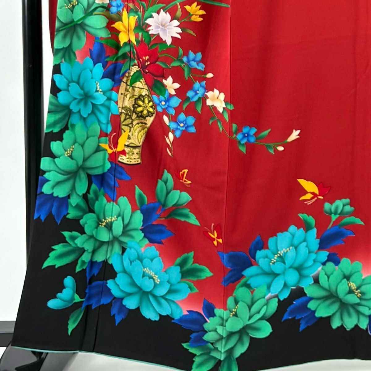 振袖禮服 身長162.5cm 袖長67cm M 雙層 花器 草花紋紋 金銀彩 拉麵 紅 純蠶絲 優品級