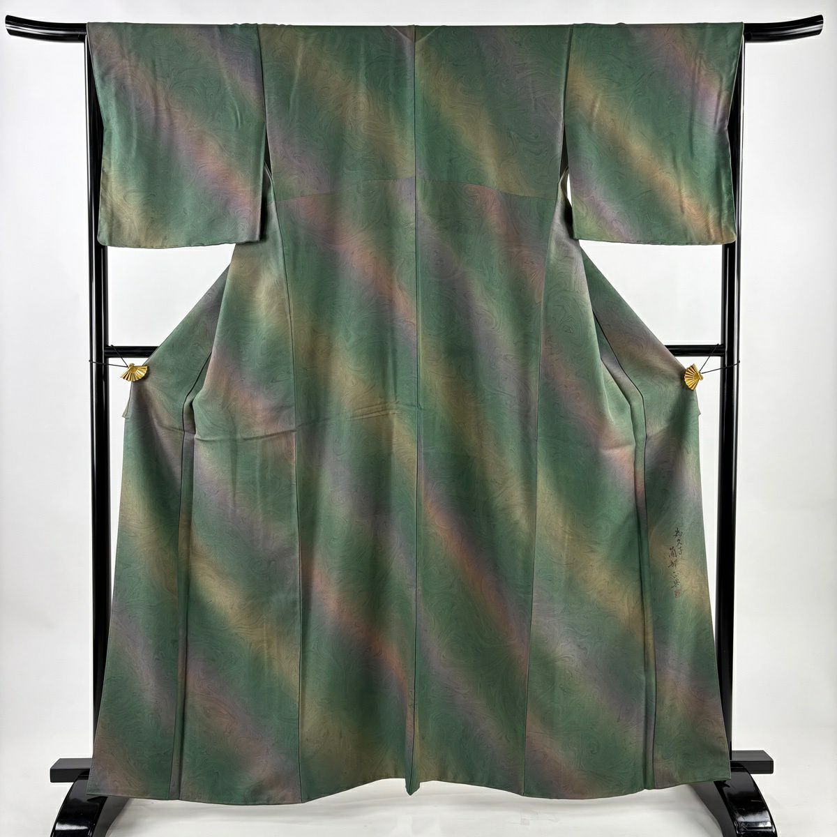 【美品】 小紋 身長161cm 袖長66.5cm M 雙層 薗部正典 落款あり 墨流し ぼかし 綠 純蠶絲 名品級