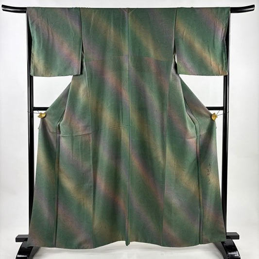 【美品】 小紋 身長161cm 袖長66.5cm M 雙層 薗部正典 落款あり 墨流し ぼかし 綠 純蠶絲 名品級