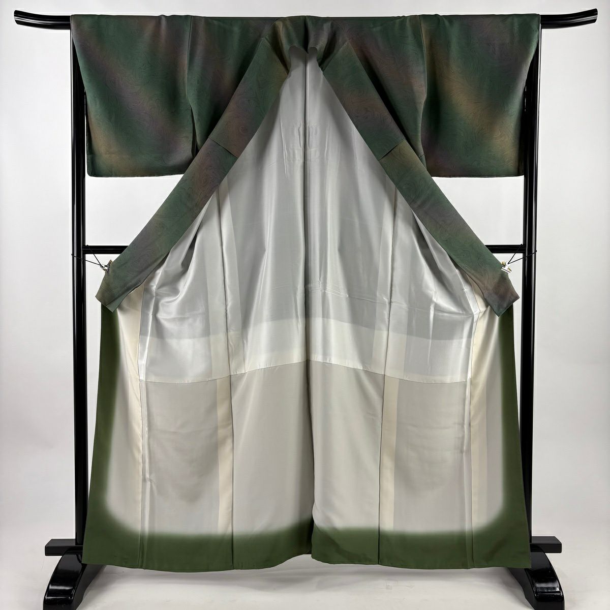 【美品】 小紋 身長161cm 袖長66.5cm M 雙層 薗部正典 落款あり 墨流し ぼかし 綠 純蠶絲 名品級