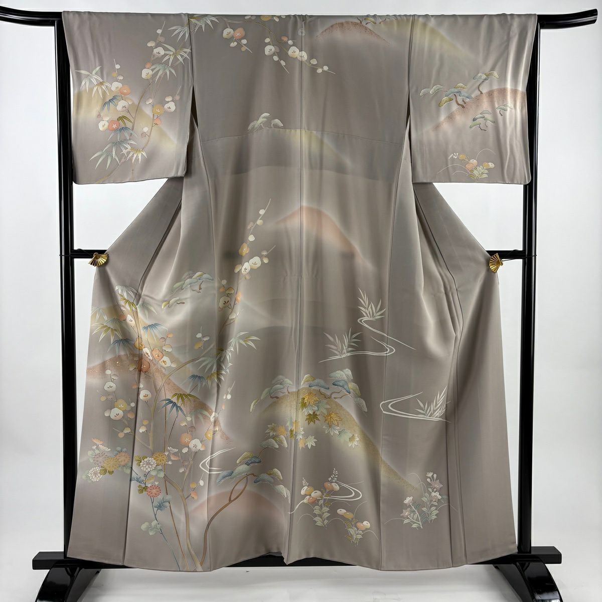 訪問服 身長158cm 袖長65cm M 雙層 松樹竹子梅花 山並 金絲 金銀彩 灰茶 純蠶絲 名品級 一つ紋